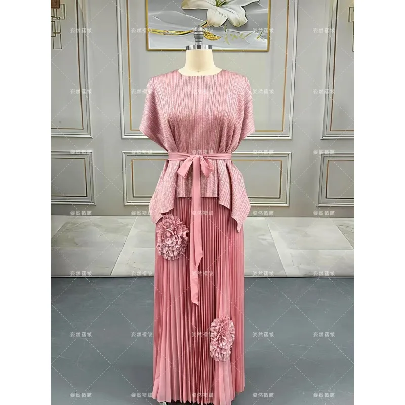 Miyake feminino luxo superior meia saia 2 peça conjunto plissado estiramento tamanho grande feminino temperamento commuter vestidos de baile com cinto