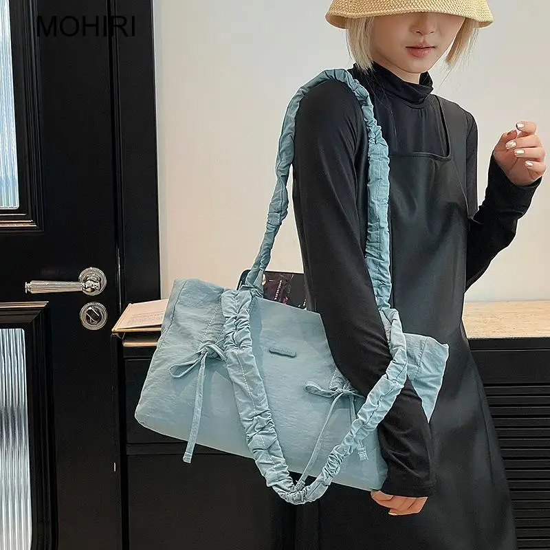 Korean Style Bow Knot Handbag Nylon Tote Purse for Young Girls Dating and Shopping
