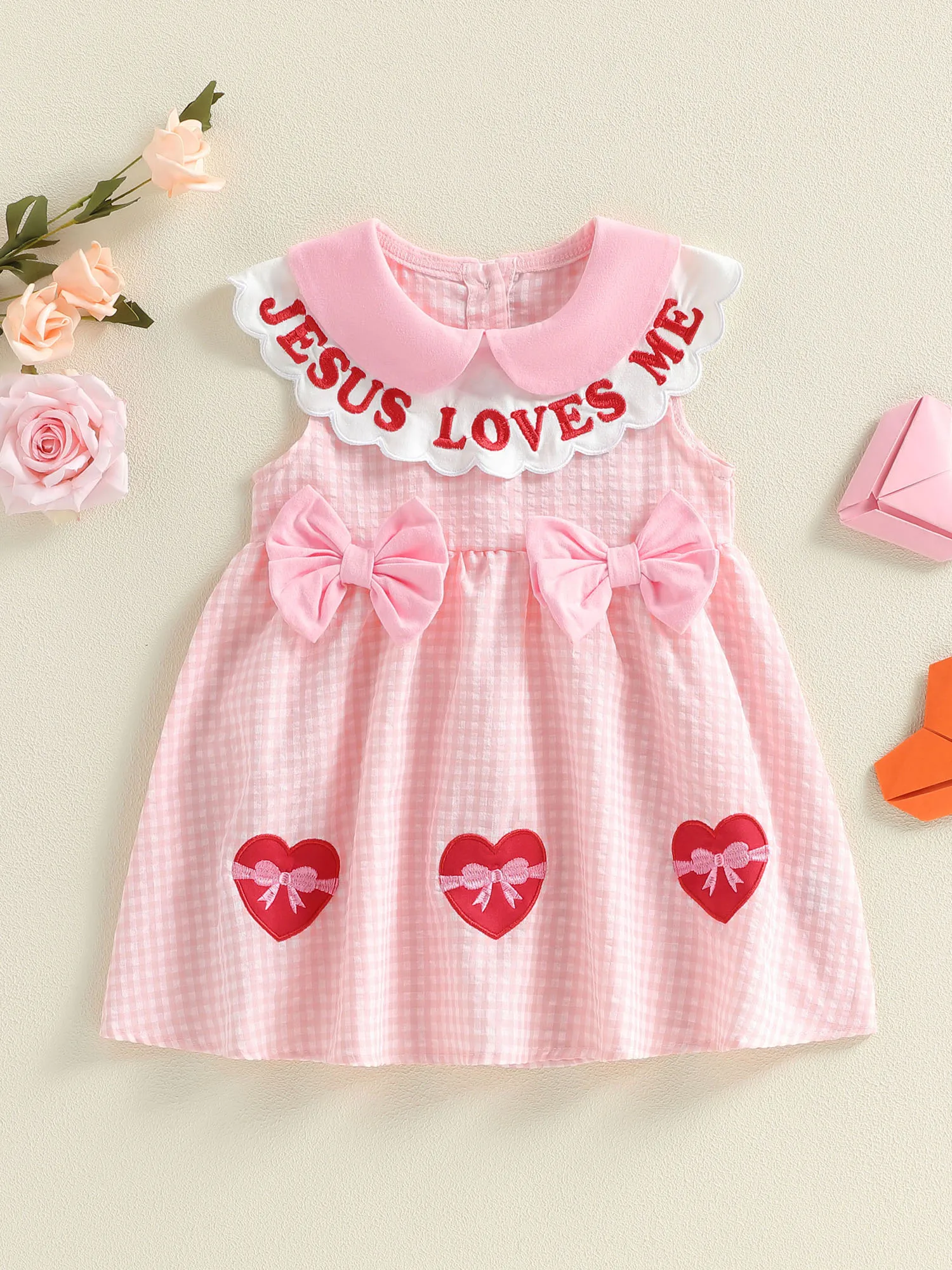 

Sweetheart Neckline Sleeveless Dress with Heart Embroidery and Plaid Pattern for Little Girls on Valentine s Day