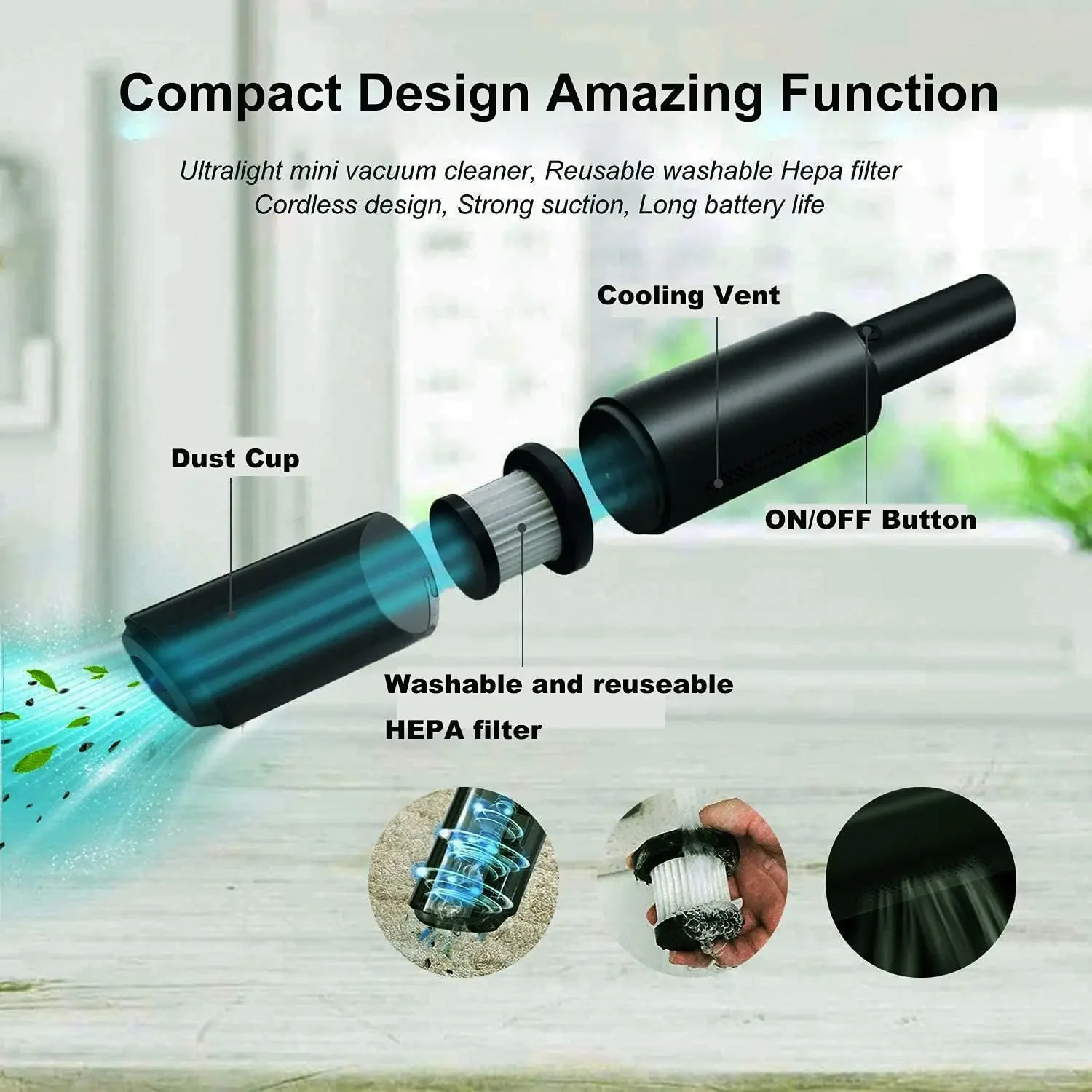 Wireless Car Vacuum Cleaner 120W High Power Portable Dust Cleaner 9000Pa Suction Power