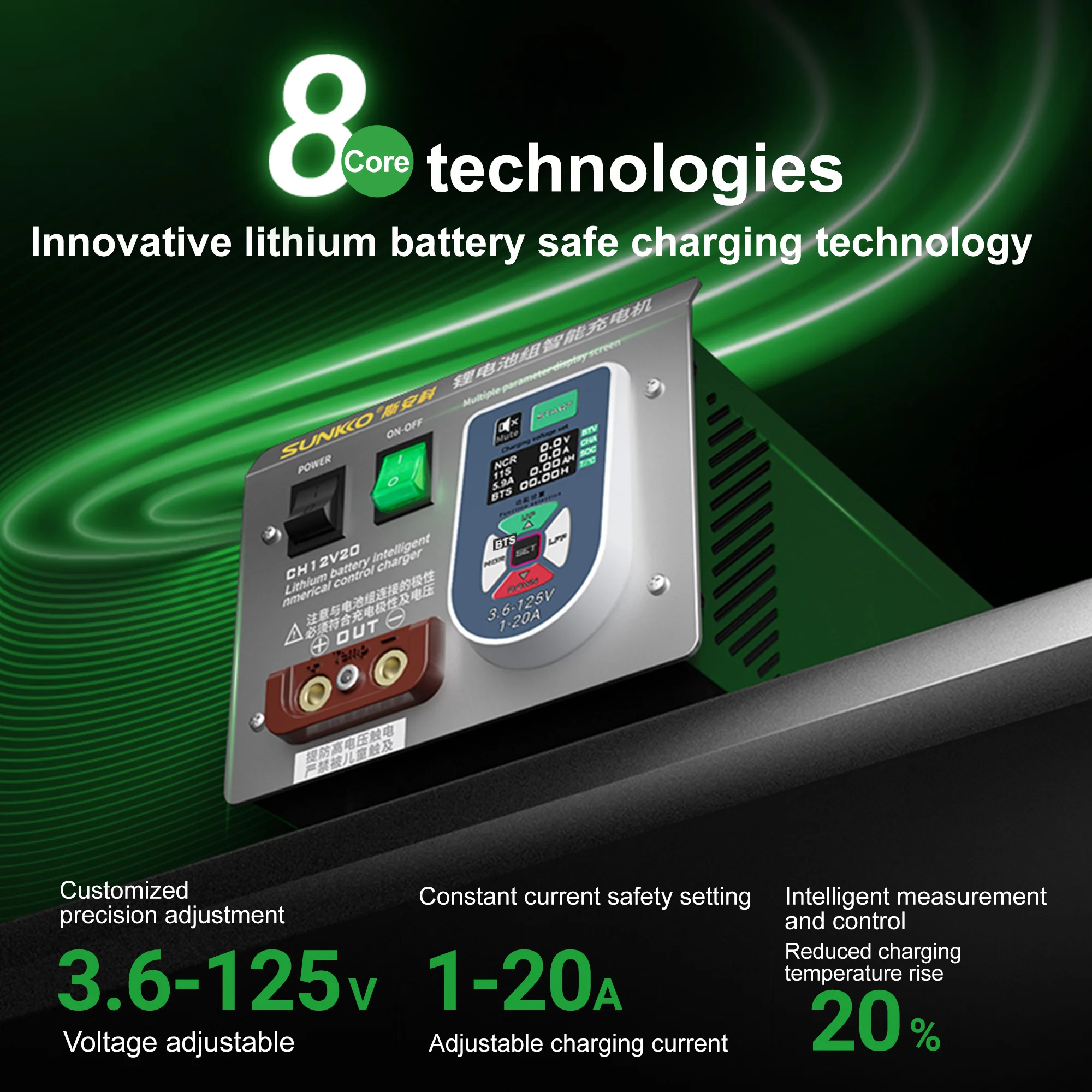 

SUNKKO CH12V20 Smart Charger 3.6-125V 20A for Li-ion/LiFePO4 Battery, Capacity Tester, Short Circuit Protection, CC/CV Charging