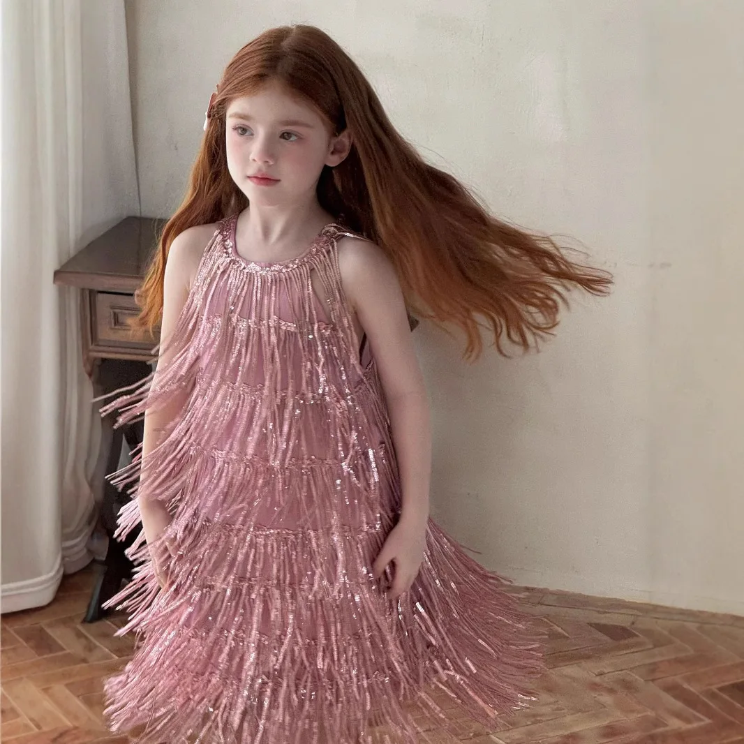 

Girls Dress 2025 Summer New Children Fashionable High End Tassel Glitter Vest Dress Girls Birthday Dress