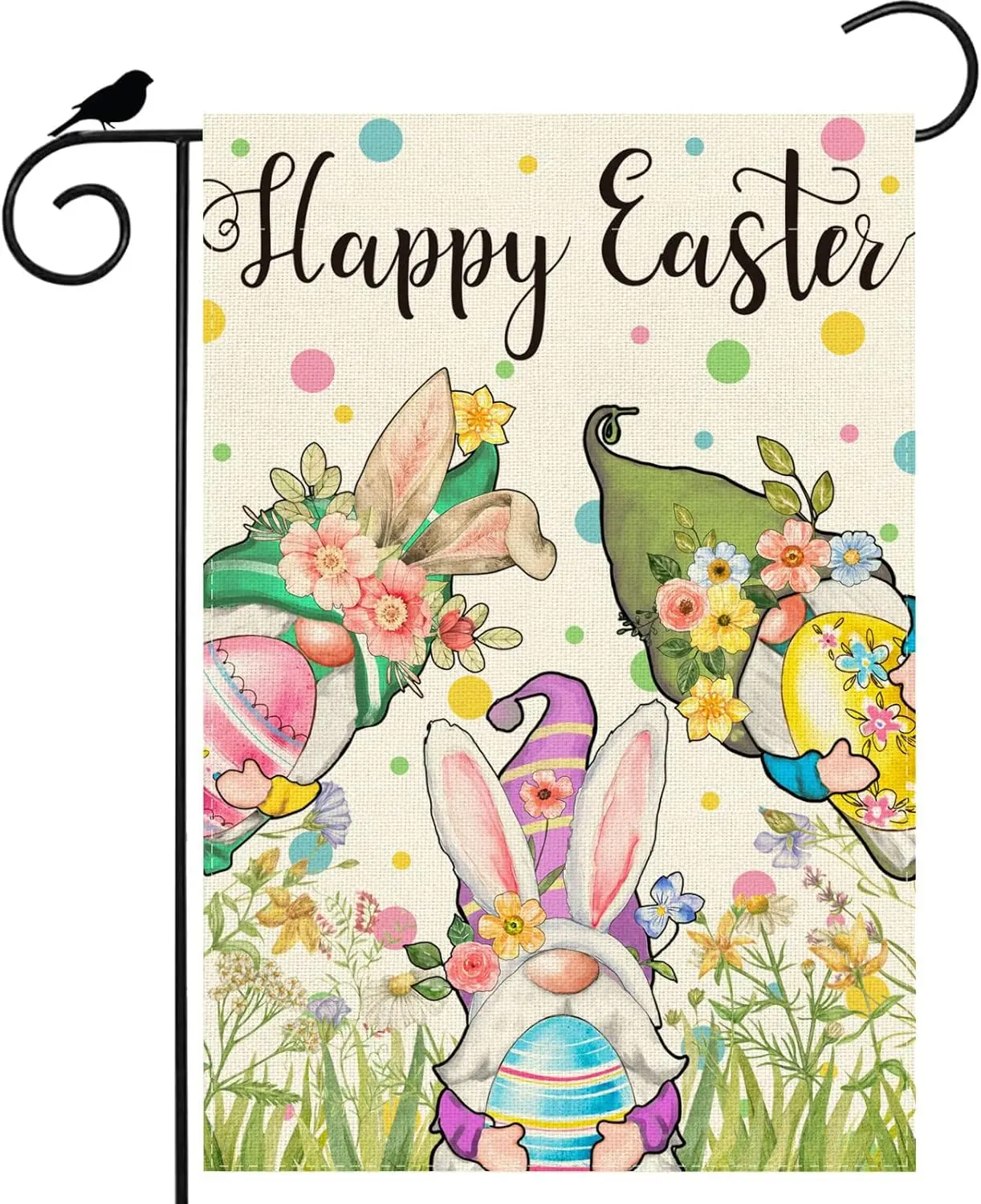 Happy Easter Gnomes Bunny Ears Eggs Flowers Easter Garden Flag 12x18 Inch Double Sided Small Mini Yard Flag Outdoor Outside  IIC