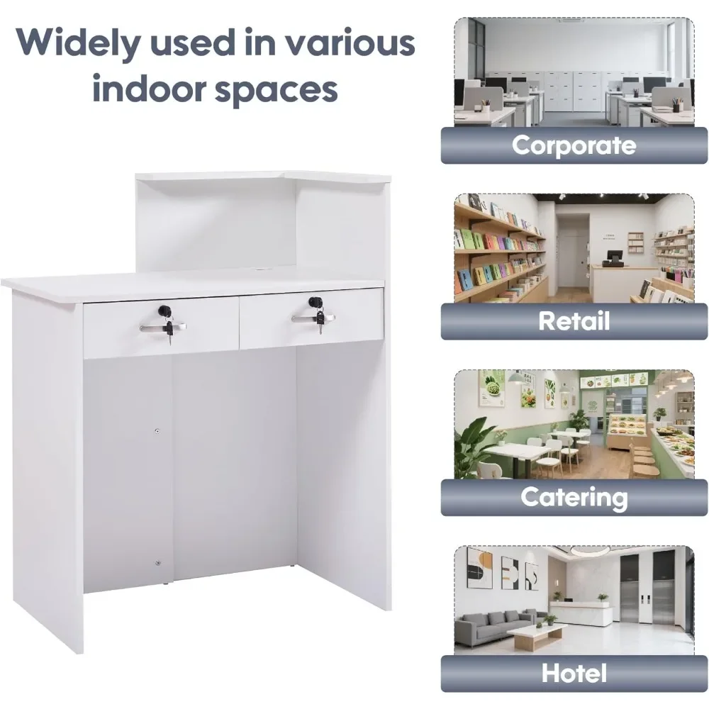 مكتب استقبال مع عداد، مكتب أمامي صغير مع درجين قابلين للقفل، فتحات إدارة الكابلات، طاولة مضادة لردهة الصالون والمكتب والمنزل