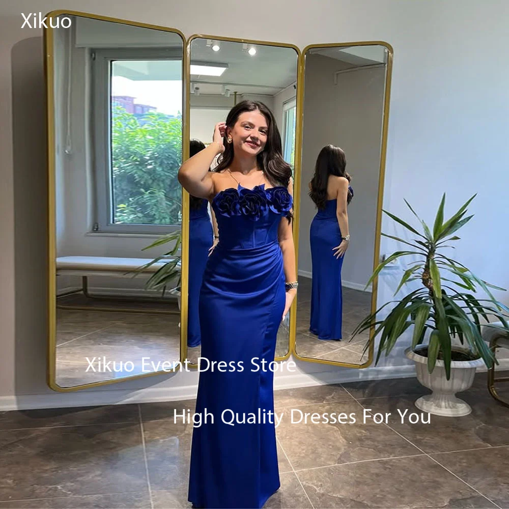 

Xikuo Royal Blue Satin Evening Strapless Gowns 3D Flowers Wedding Party Dress Sleeveless Elegant Dresses For Women Customized