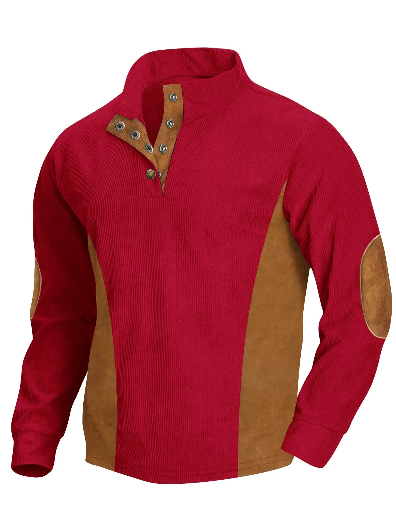 2025Men's pullover shirt Long sleeved stand up collar corduroy polo shirt Casual and relaxed Color block snap button Hot sale