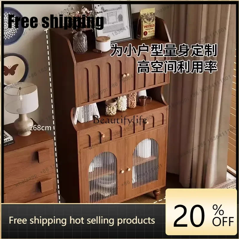 JJ Solid wood retro dining side cabinet integrated against the wall Small apartment household French medieval tea cabinet