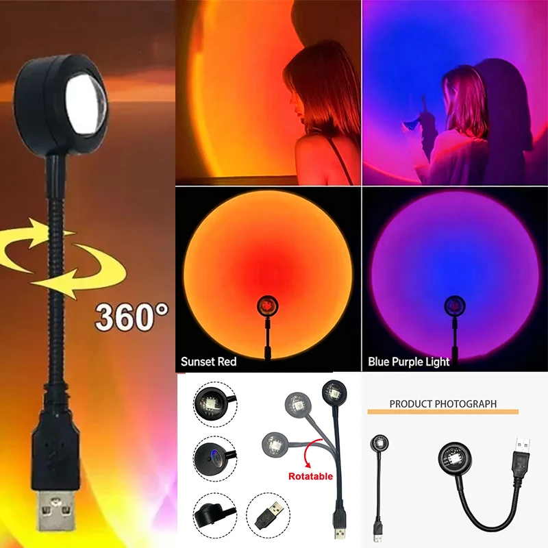 LED Sunset Light Sunset Lamp Projector USB Powered, Romantic Mood Light Neon Aurora Night Light for Bedroom Home Decoration