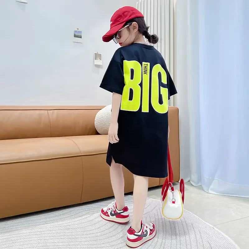 Girls Summer Long Style T-shirt Loose Fashion Split Design Casual Teenage Kids Letter Tops Tees Korean Children's Clothing 4-14Y