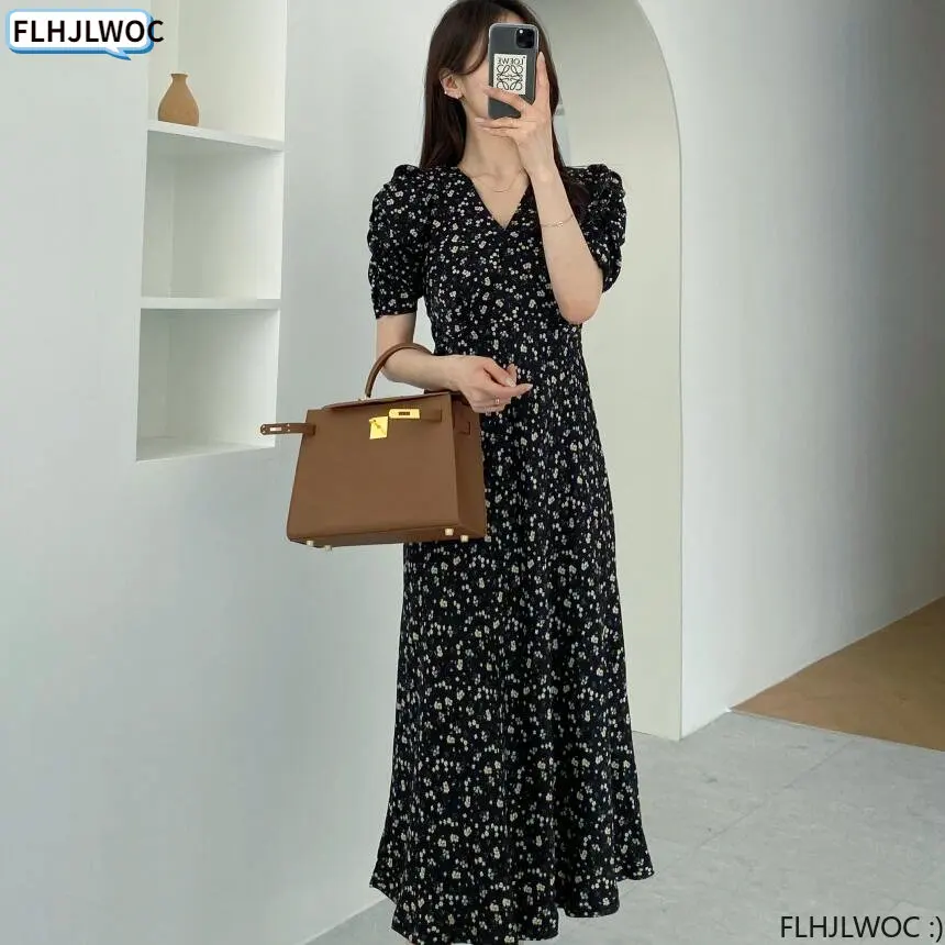 French Design Elegant Long Dresses New 2023 Women Summer Short Sleeve Floral Flower Retro Vintage Black Chic Korea Dress