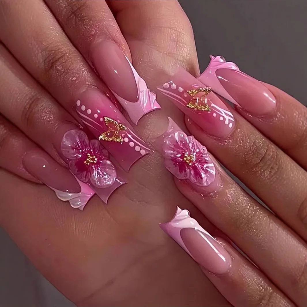 24Pcs Press on Nails Square Shape Sweet Flower Decor with Polka Dot Full Glitter Butterfly False Nails Gradient French Fake Nail