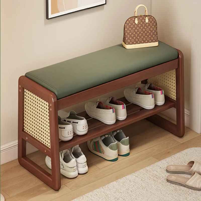 Nordic Shoe Cabinet 2 Layers Solid Wood Foot Stool Imitation Rattan Weaving Entrance Bench Comfort Seat Cushion Hallway Ottoman