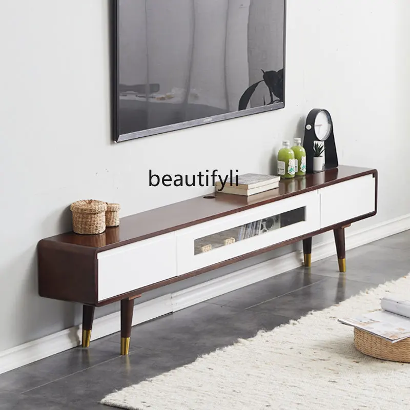 zq Solid Wood TV Cabinet Living Room Bedroom Small Apartment Ultra-Narrow Thin Mini Ultra-Thin Floor with Legs