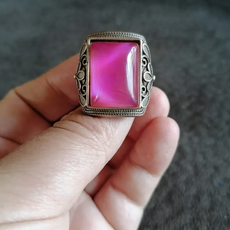 Antique Vintage Retro Silver Color-Changing Square Gemstone, Adjustable Ring With Aged Patina