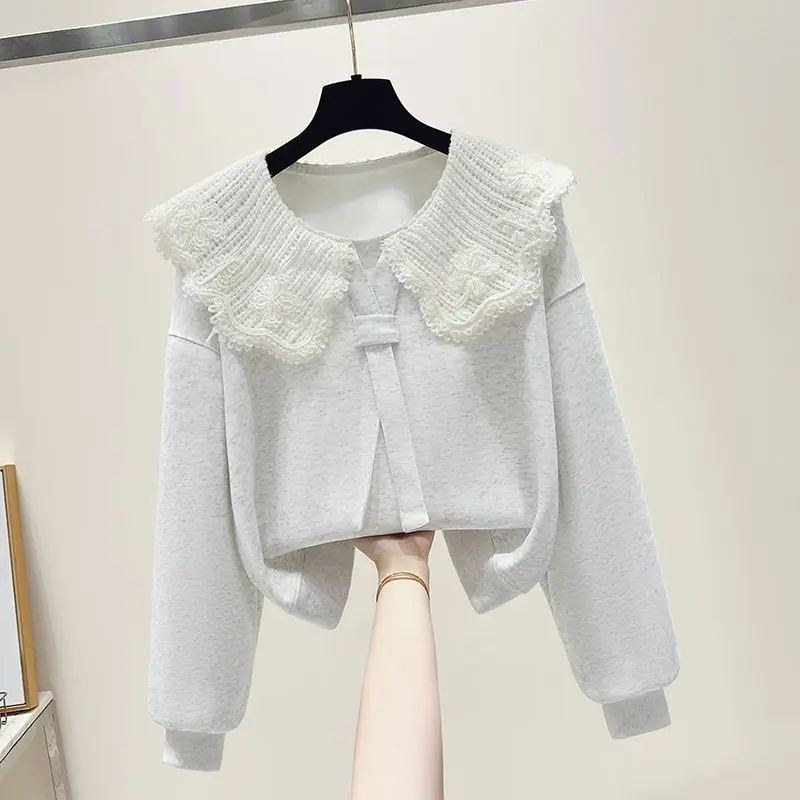 2026 Autumn Girls Peter Pan Collar Sweatshirt Long Sleeve Lace Trim Doll Collar Kids Pullover Top Fashion Casual Wear