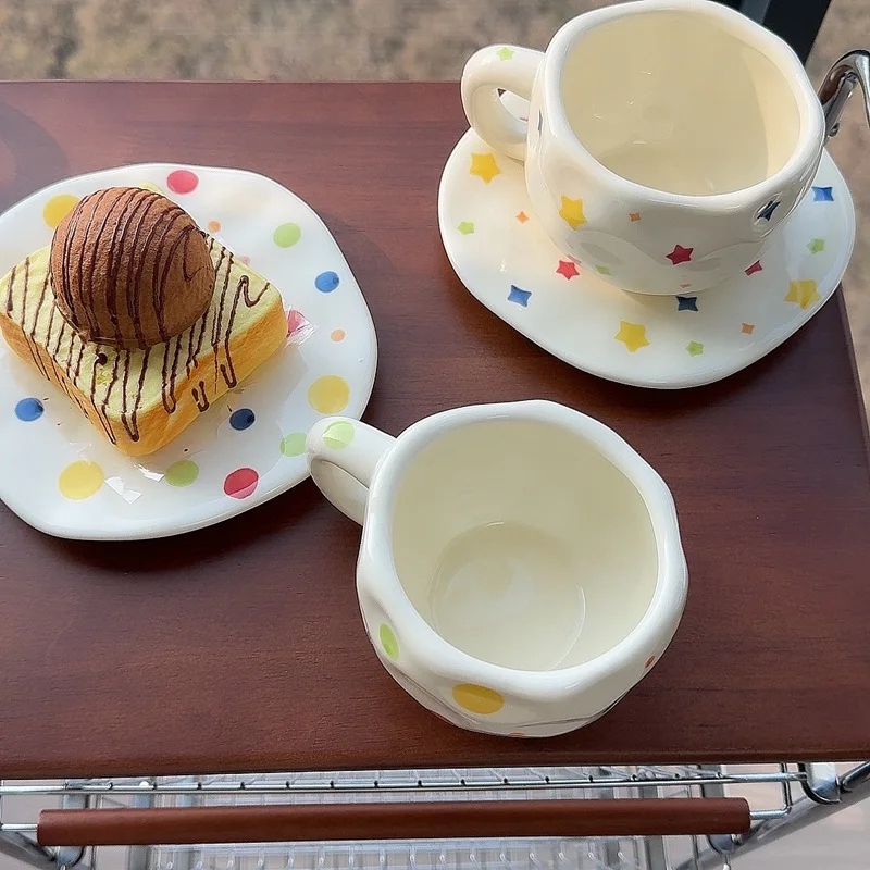 Polka Dot Coffee Cup Saucer Girls Gift Afternoon Tea Drinkware Cute Ceramic 250ml Breakfast Cup Snack Saucer