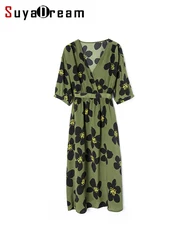 SuyaDream Women Long Dresses 19mm 100%Pure Silk V Neck Floral Printed Sashes Wrap Dress 2022 Spring Summer Green Chic Clothes