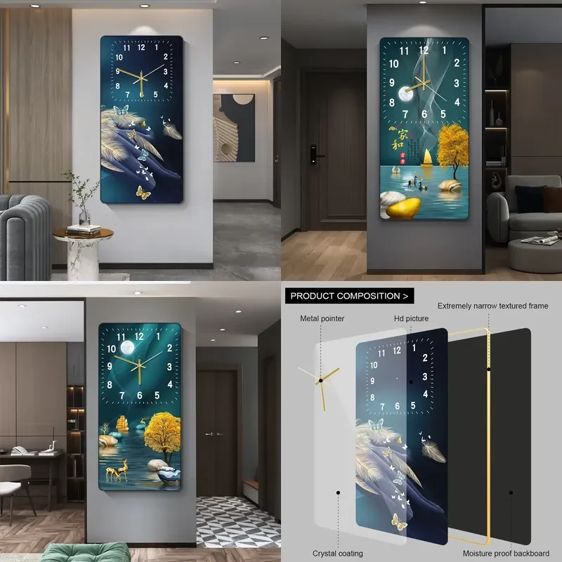 Printed Feather Butterfly Crystal Porcelain Wall Clock Home Dining Room Decoration Still Life Art Mural Painting Silent Bell