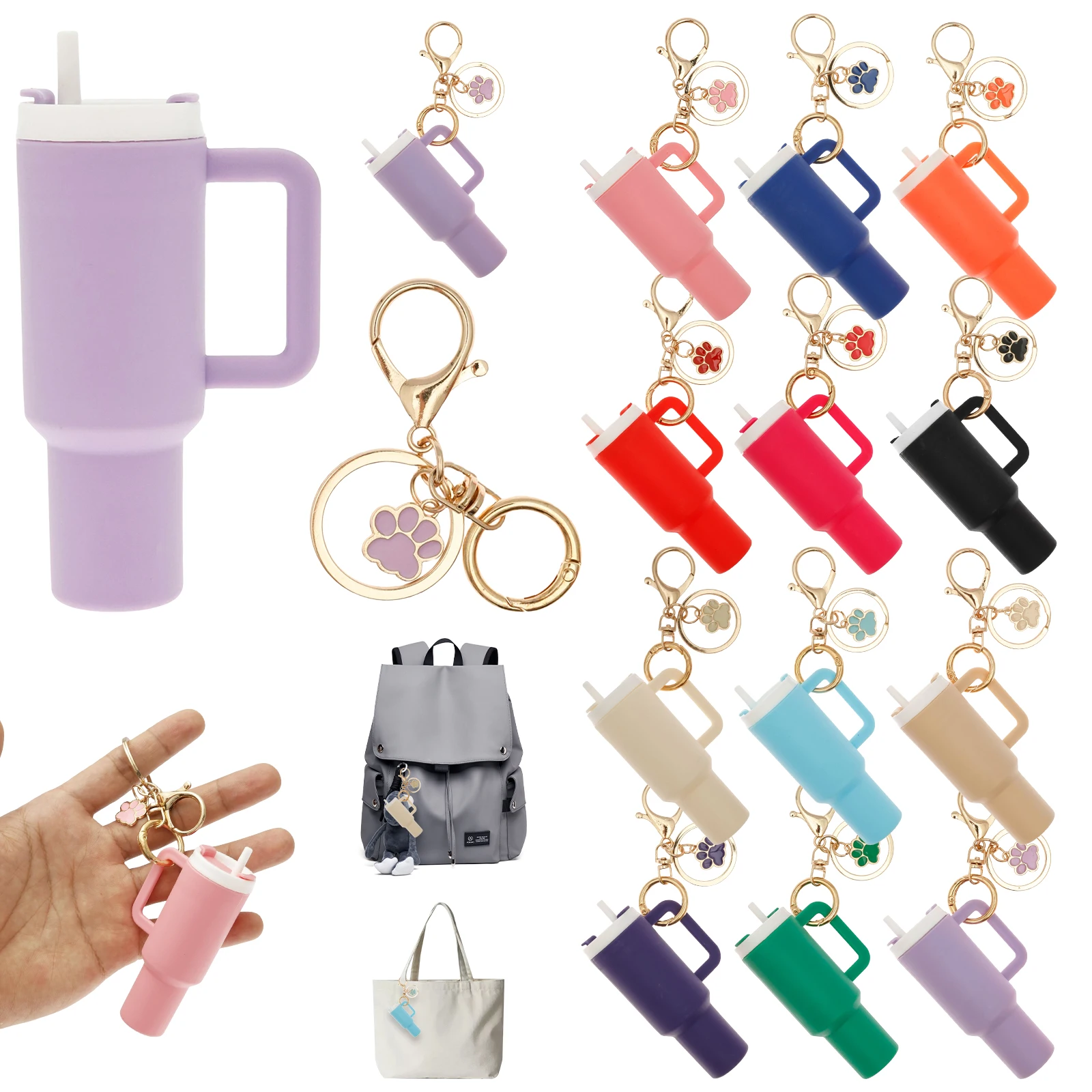 12 Pcs Mini Cup Shape Keychains Decorative Small Tumbler Keyring Lip Balm Holder Portable Trendy Purse Charm Detachable Top Lids