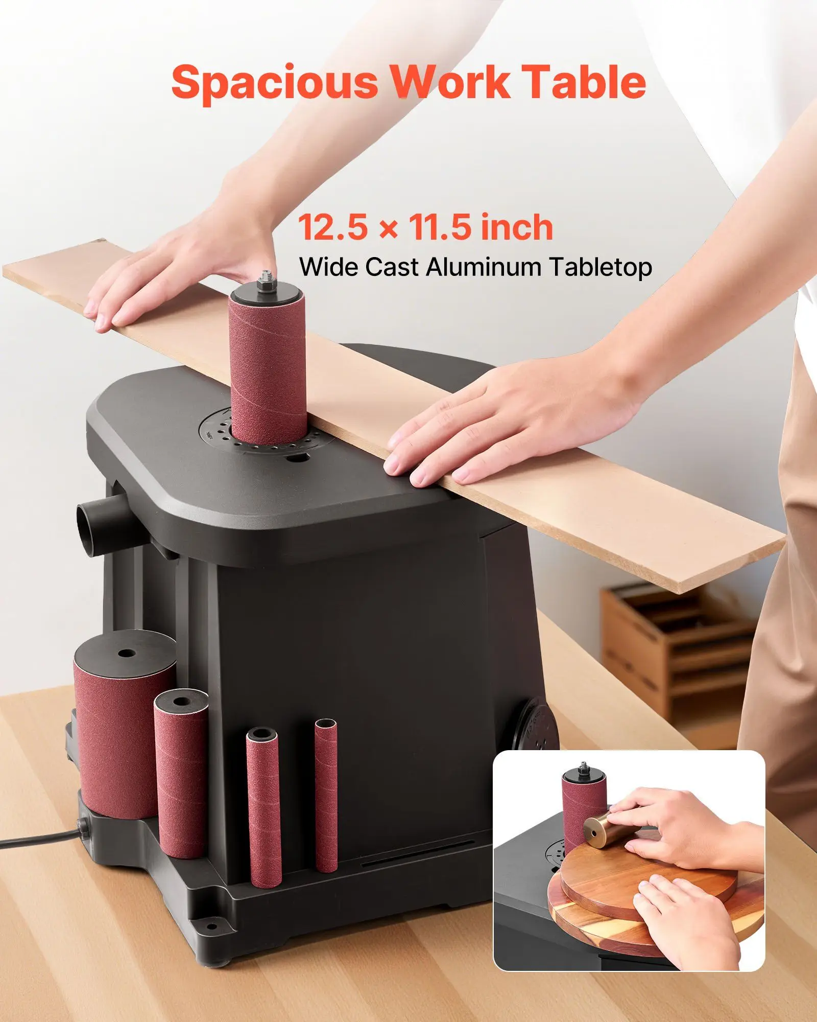 2000RPM 振動スピンドルサンダー ベンチトップ、6つのサンディングスリーブ（1/2～3インチ）とダストポート付き、家具仕上げ、工芸品の研磨用