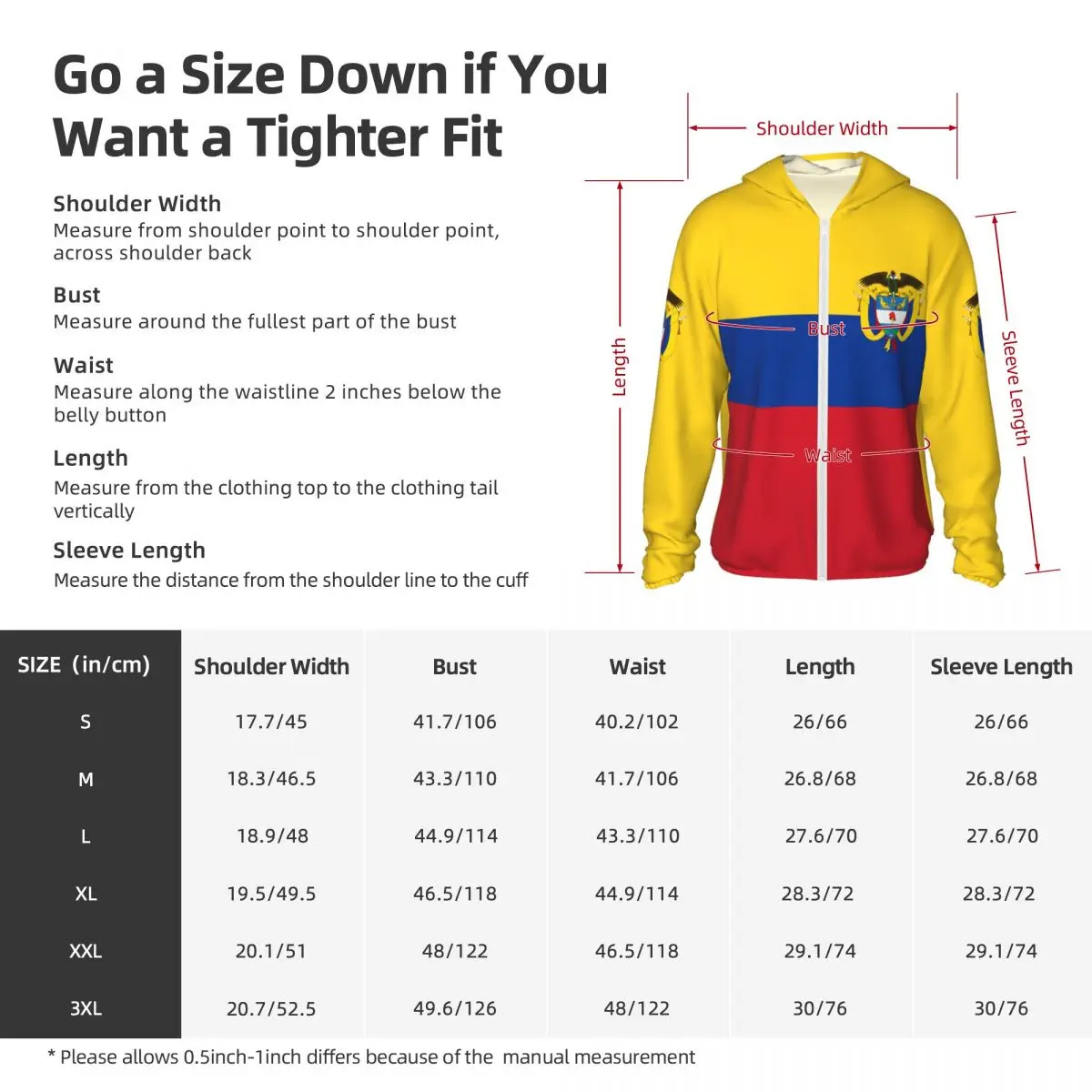 Colombia Flag Polyester Hoodie Sunscreen Sun Protection Fishing Running Clothes Quick Dry Performance Long Sleeve With Zipper