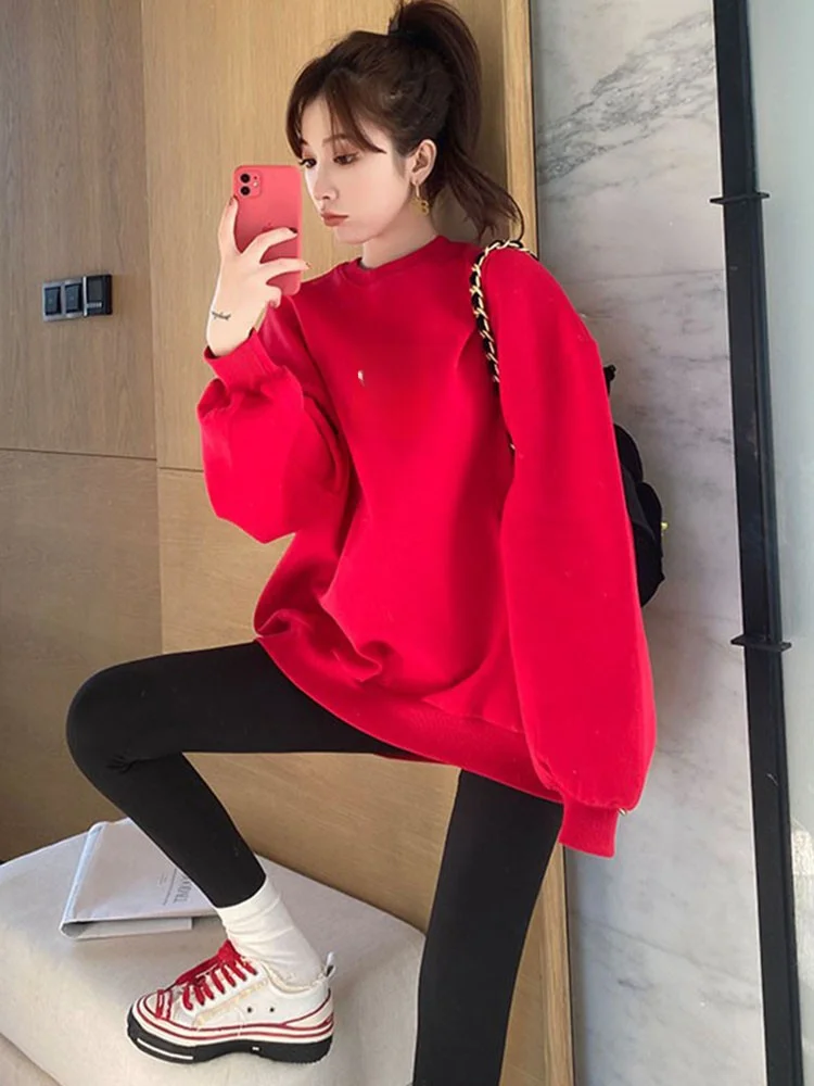 

Red Fce Lined Hoodie Women's Autumn Winter Thiened Long Sle Rabbit Print Casual Comfortable Korean Sle Sweatirt