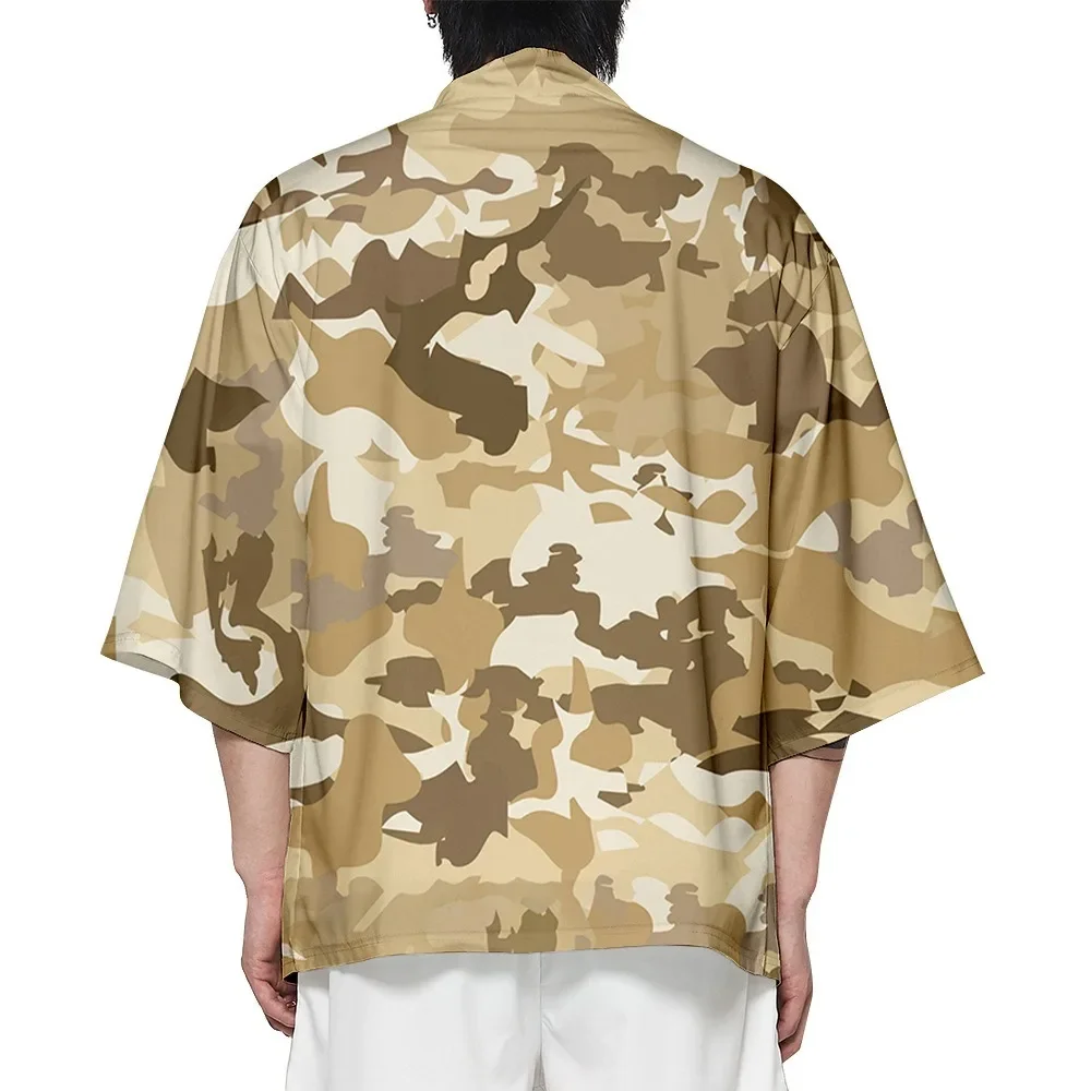 Quimono estampado camuflado masculino e feminino, camisa havaiana, tops de praia, roupão Yukata solto elegante, cosplay japonês, moda verão