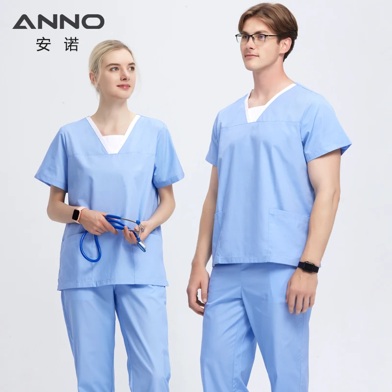 ANNO Blue Scrubs Clothes Nurse Uniforms Pretty Dental Suit Hospital Clothing Sets Tops Bottoms Summer Work Suit