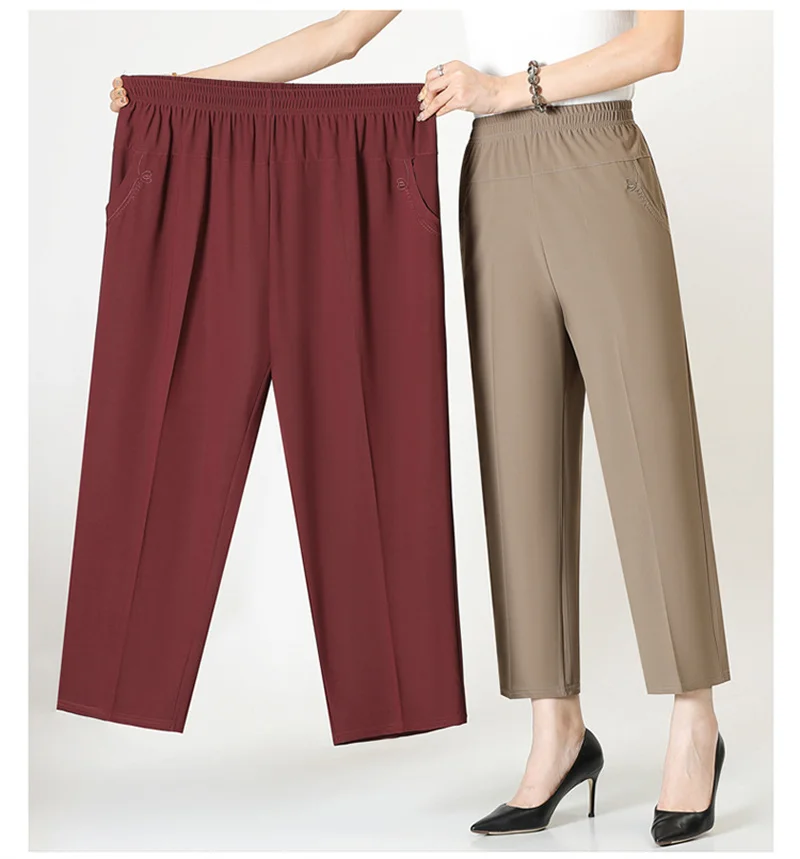 Extra Large Mom Summer Straight Pants Middle-Aged Women Elastic High Waist Grandma Ice Silk Cropped Pants Female Casual Pants