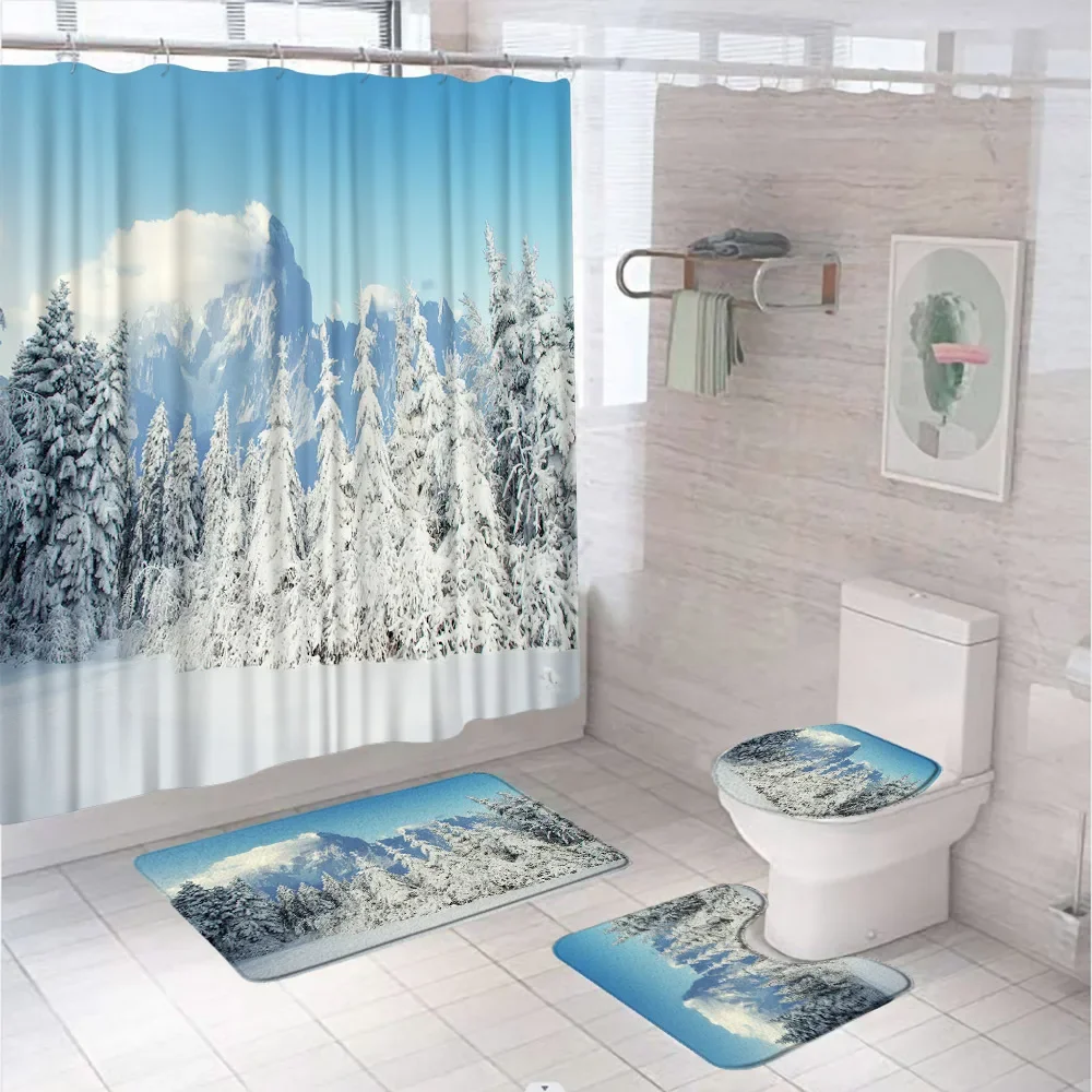 Winter Forest Shower Curtain Set For Bathroom Decor Snowflakes Christmas Pine Tree White Snow Xmas Bath Mat Rug Toilet Lid Cover