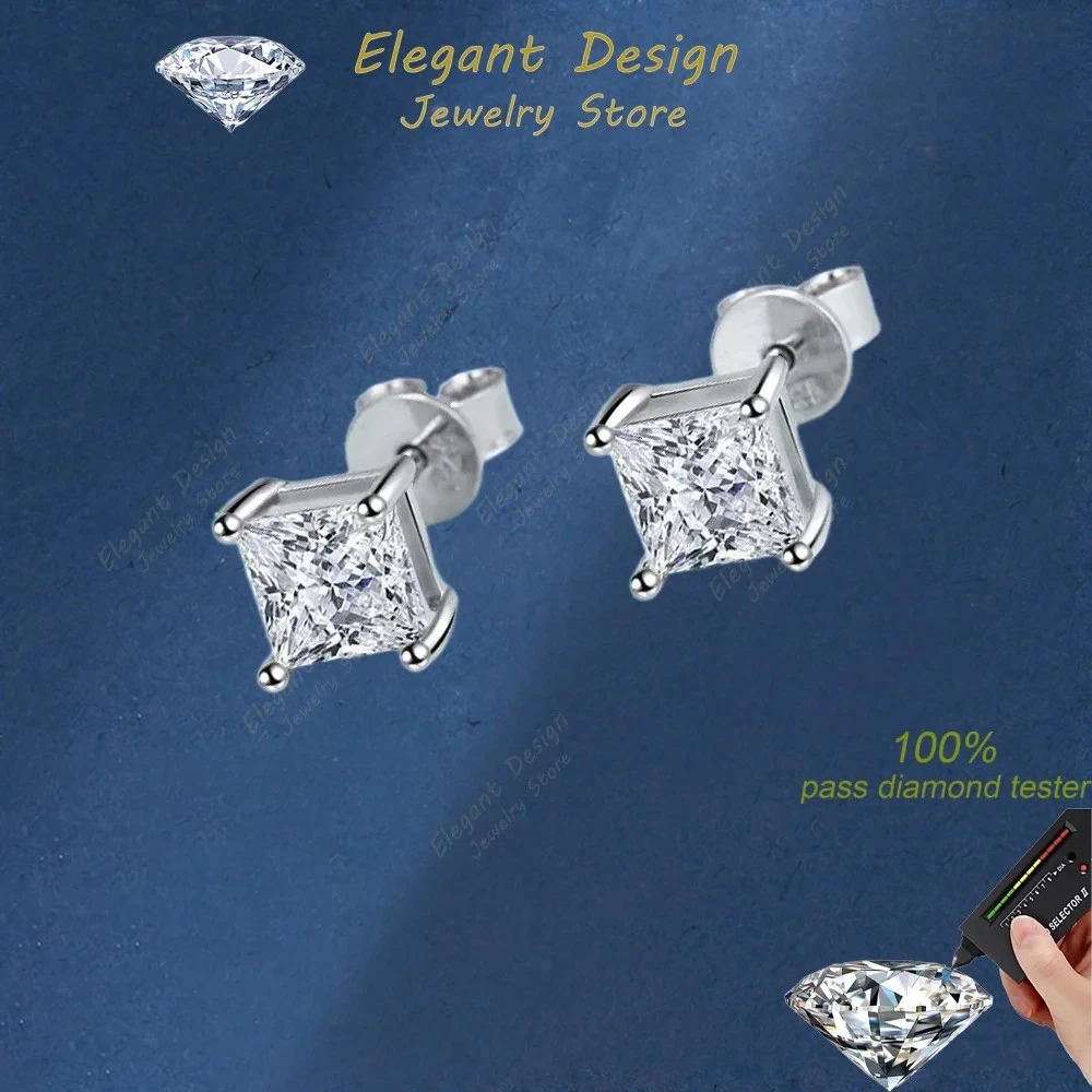 

Elegant Design Square Halo Moissanite Diamond Stud Earrings for Women, PT950 Platinum Princess Trendy Fine Jewelry Certificate