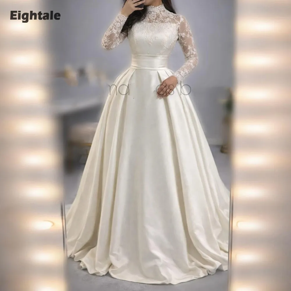 

Eightale Arabic Wedding Dress High Neck Customized Ivory Satin Appliques Lace Muslim Long Sleeves Bridal Gown Bride Party Dress