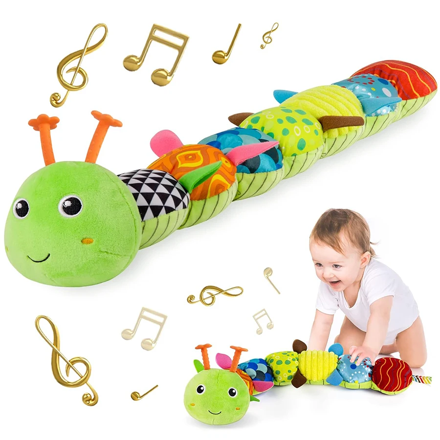 Juguete Sensorial para Bebés de 0 a 3, 6 y 12 Meses, Juguete de Peluche con Música de Animales, Oruga de Peluche para Bebés, Sonajero para Recién Nacidos, Niños y Niñas