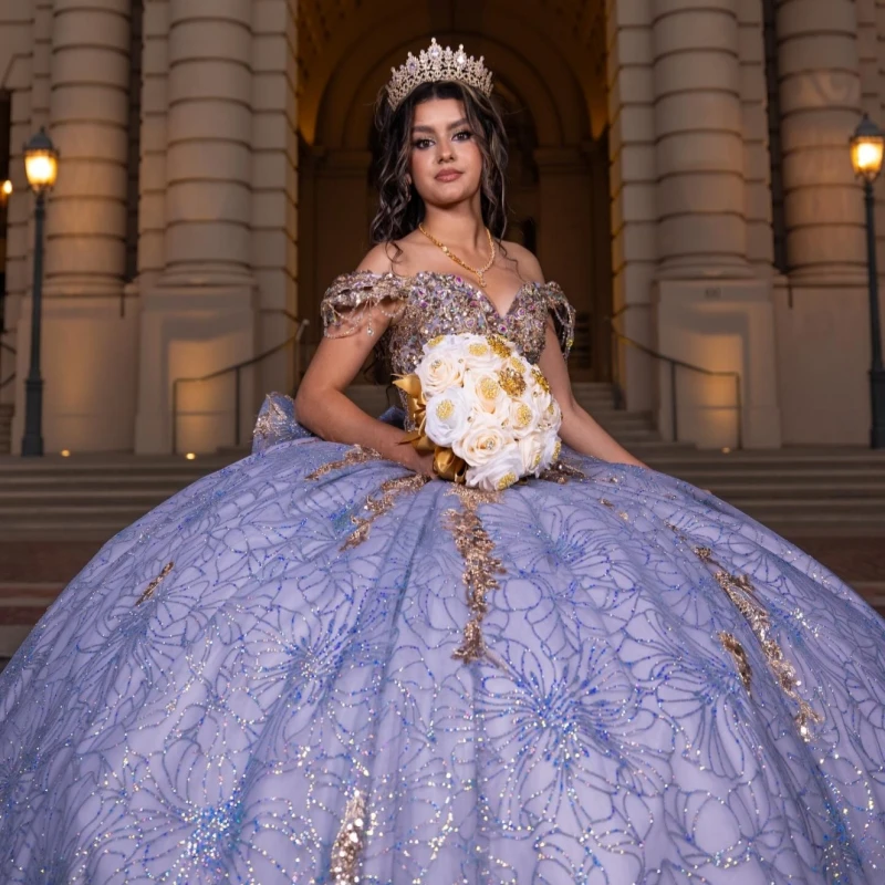 

Темно-синие блестящие платья Quinceanera с открытыми плечами и аппликацией из кружева с бисером и кристаллами с бантом для вечеринки, дня рождения, сладкое платье 16, Vestidos 15