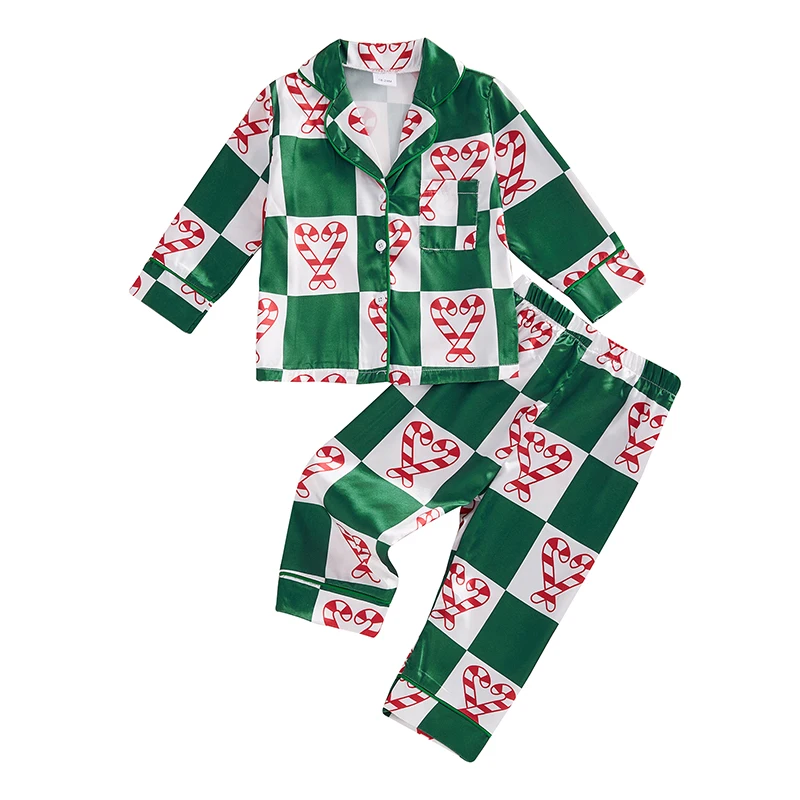 Lindo conjunto de pijamas de Navidad para niños pequeños con estampado de rayas y lazo, Tops y pantalones con botones de solapa de manga larga, ropa de dormir de satén para