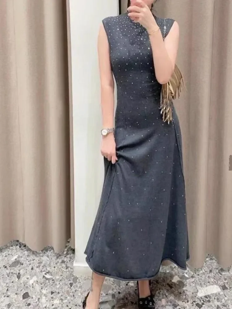 

Women Gray Hot Rhinestones Knit Midi Dress Half Turtleneck Sleeveless 2024 Autumn Female Elegant Robe
