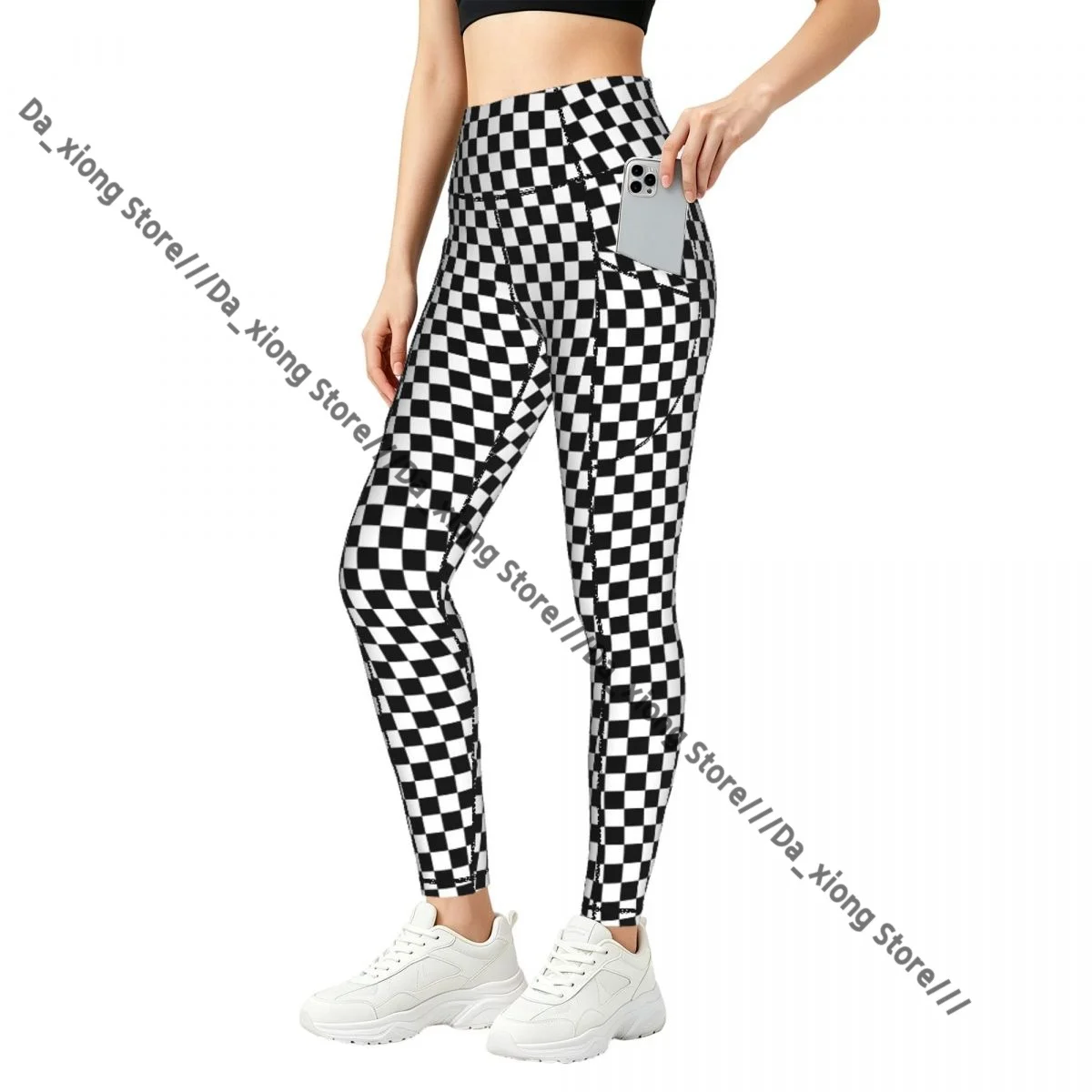 

Casual Ladies Yoga Leggings Checkered Flag Race Background High Waist Outdoor Jogging Pants