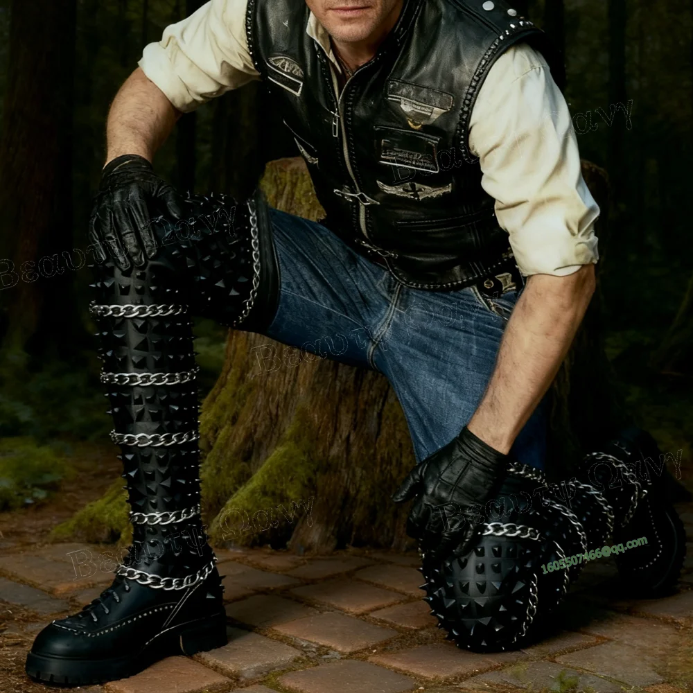 

Мужские большие сапоги, черные мужские рыцарские сапоги с заклепками и цепочкой, мужские сапоги до колена с круглым носком, обувь Zapatos Para Hombres