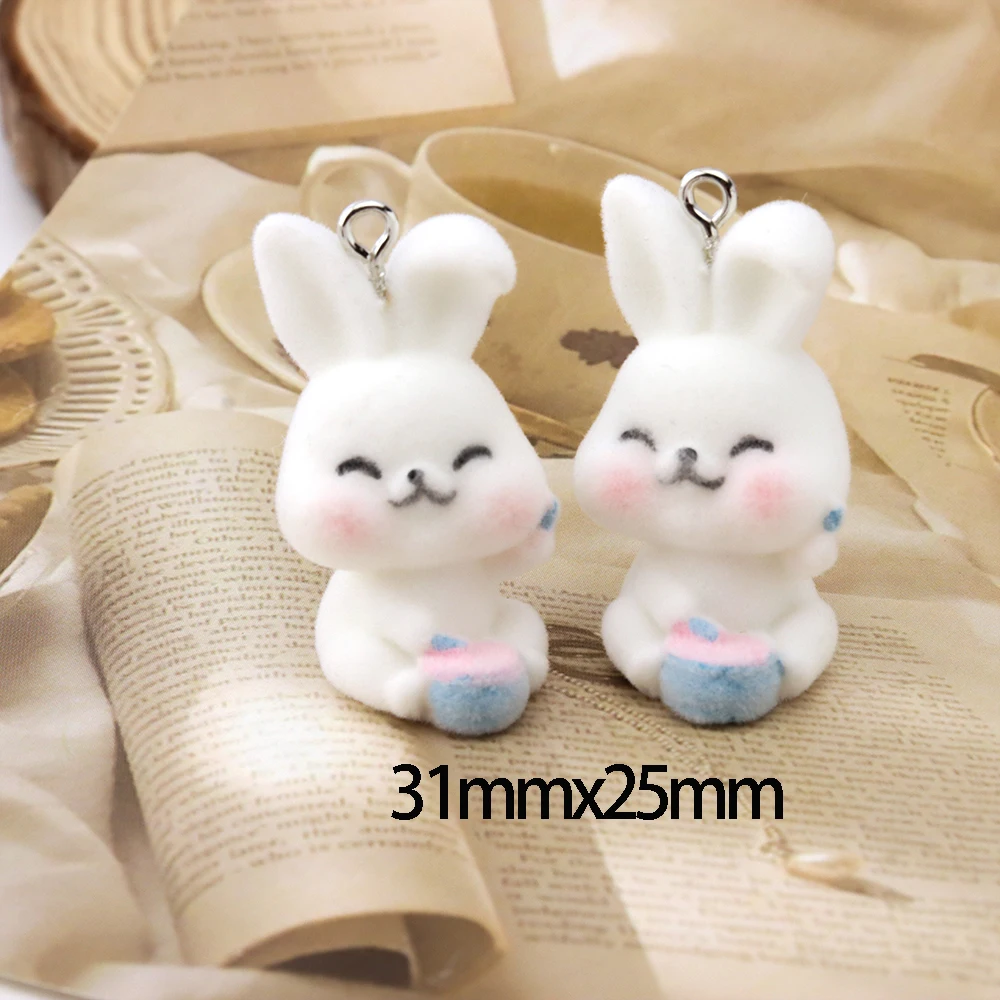 20pcs 3D Flocking Resin Crown Rabbit Charms Suffed Animal Doll Bunny Drumming Pendant for Keychain Earrings Making DIY Wholesale