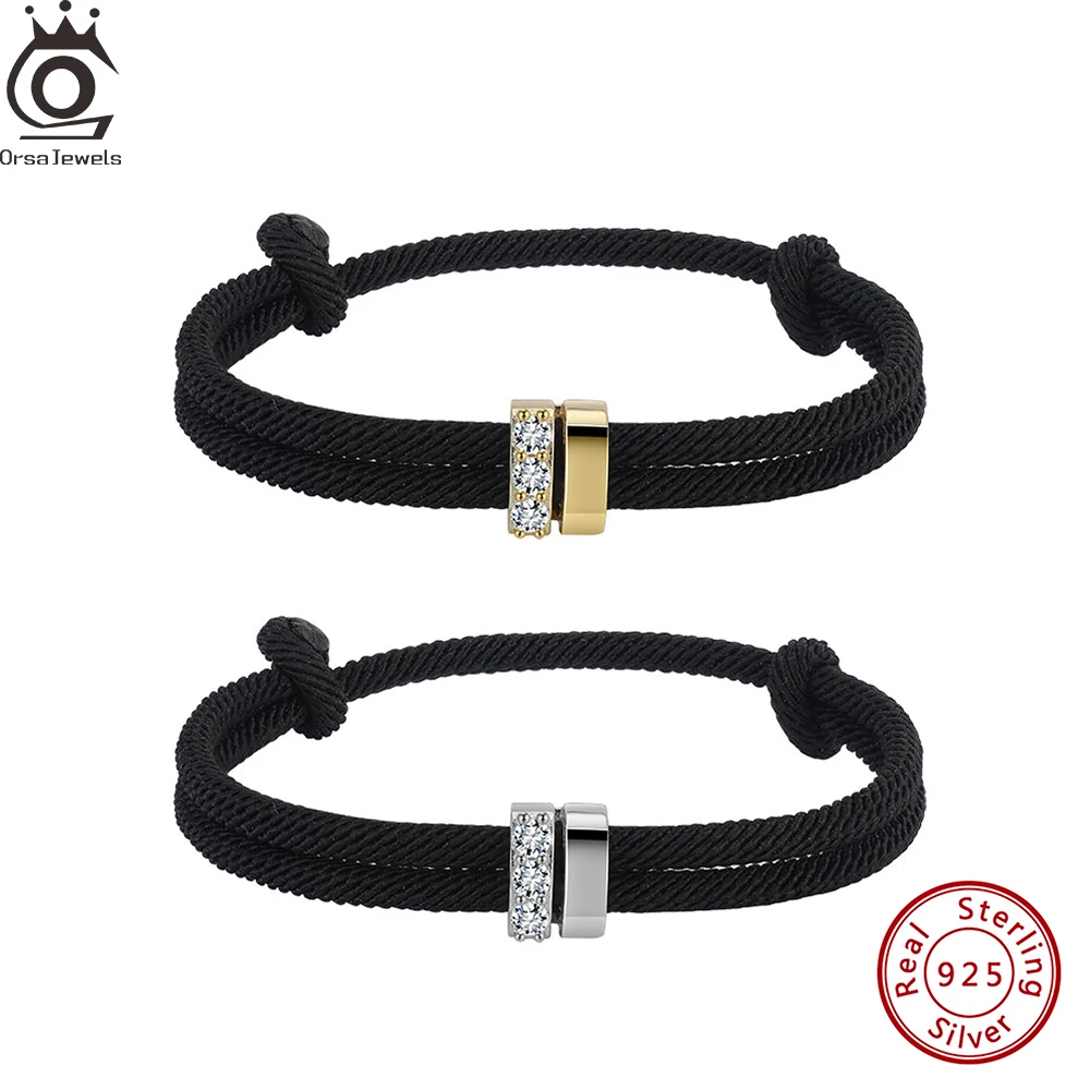 

ORSA JEWELS Стерлингового Серебра 925 пробы Блестящий Цирконовый Браслет-Цепочка Модный Черный Браслет-Цепочка Регулируемые Ювелирные Изделия Повседневная Одежда APB07