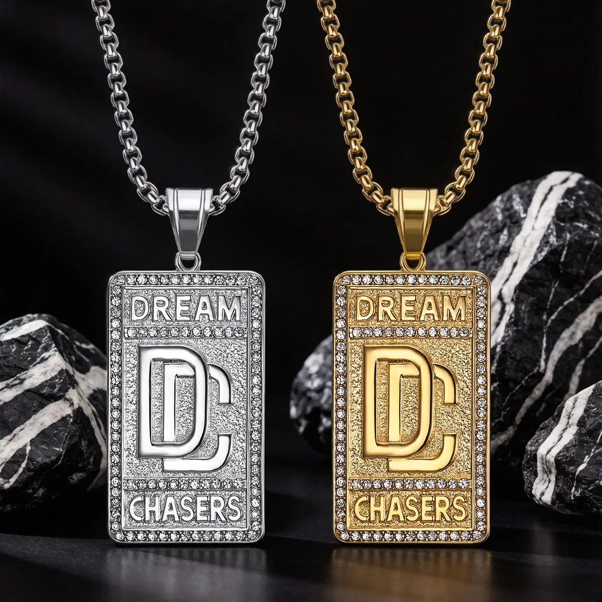 

Hip-Hop Style Titanium Steel Pendant Necklace Stainless Steel Hip-Hop Titanium Steel Jewelry Gold-Plated Non-Fading European and American Trendy Brand Gold-Plated Diamond-Encrusted Dc Square Pendant Necklace