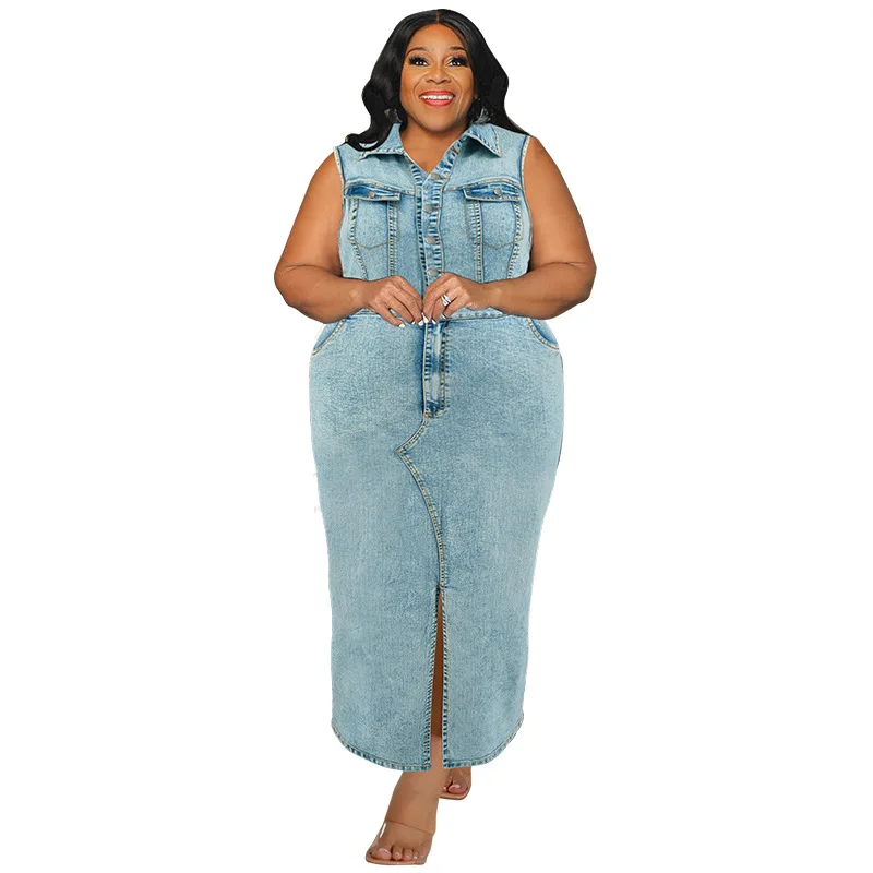 Large size Women Denim Dress Sleeveless Front Slit Turn Down Neck Buttons Fashion Plus Size Lady Dresses 2024 Summer