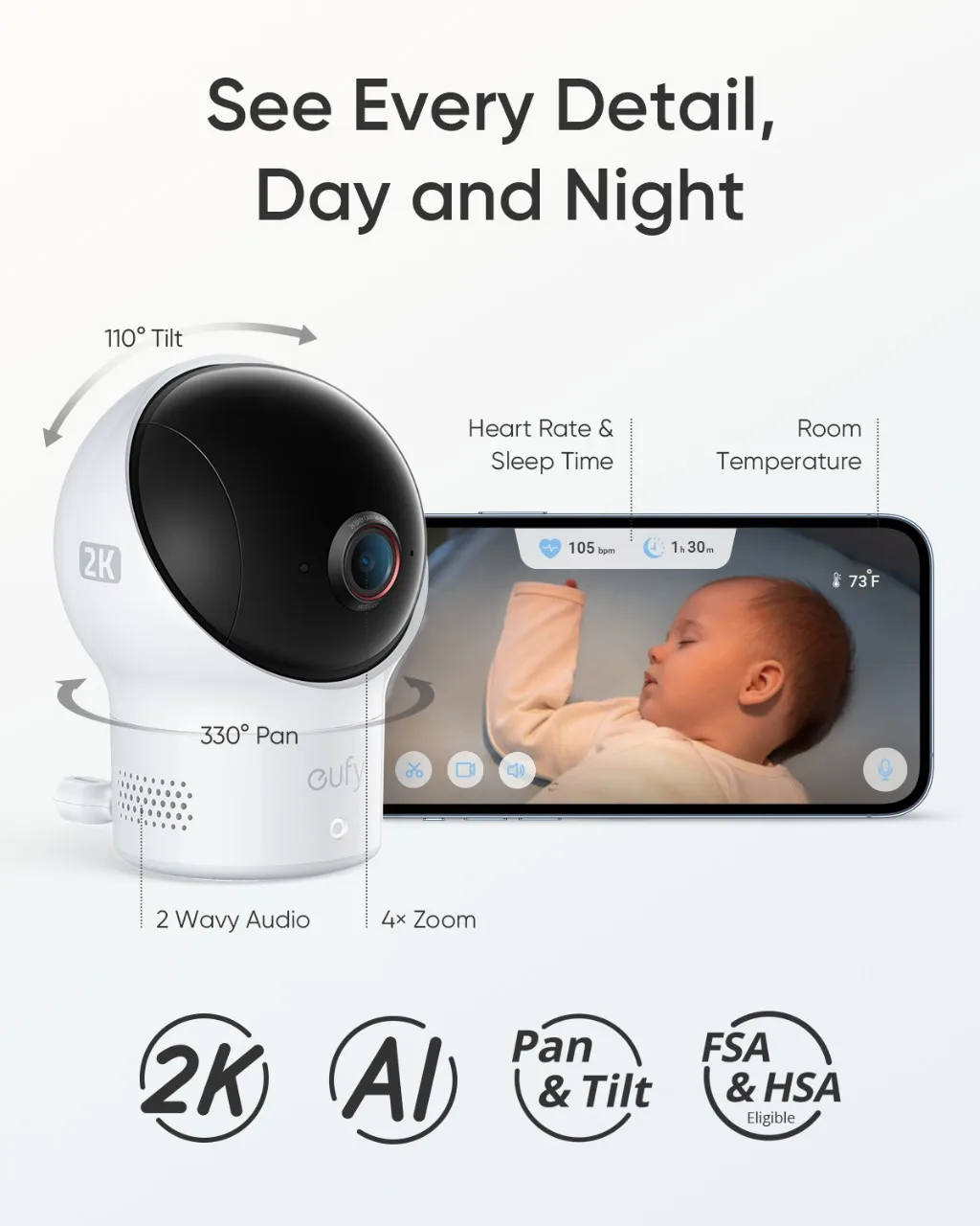 eufy Baby S340 Smart SockTrack Sleep Patterns Heart Rate2K Resolution Camera Monito AI Cry DetectionPan & Tilt 24hr Battery Life