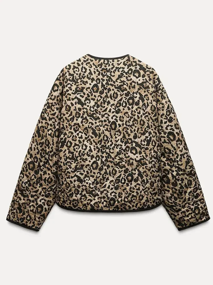 Fashion Leopard Print Quilted Winter Coats Long Sleeves Pocket O-neck Warm Women Padded Jacket Lady Casual High Street Outerwear