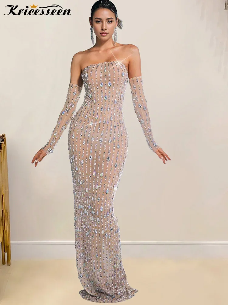 Kricesseen Abiti da festa con strass a rete trasparente da donna con guanti Abiti da sera in cristallo glamour Abiti da festa Clubwear