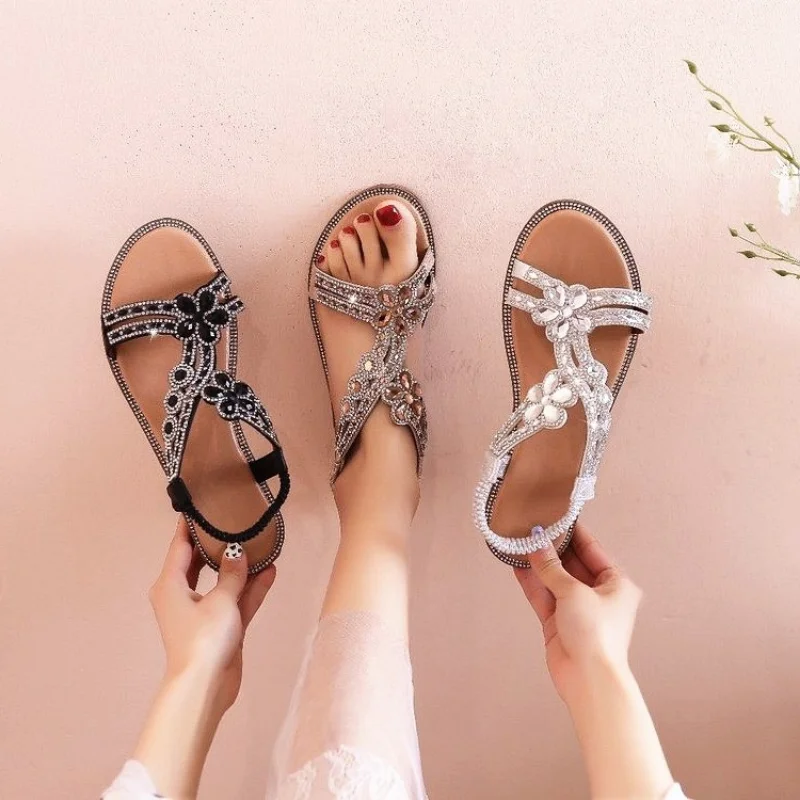 

2023 Woman Sandals Rhinestone Open Toe Fashion Female Shoes Solid Color Summer Open Toe Beach Sandalias Non-Slip Chaussure Femme