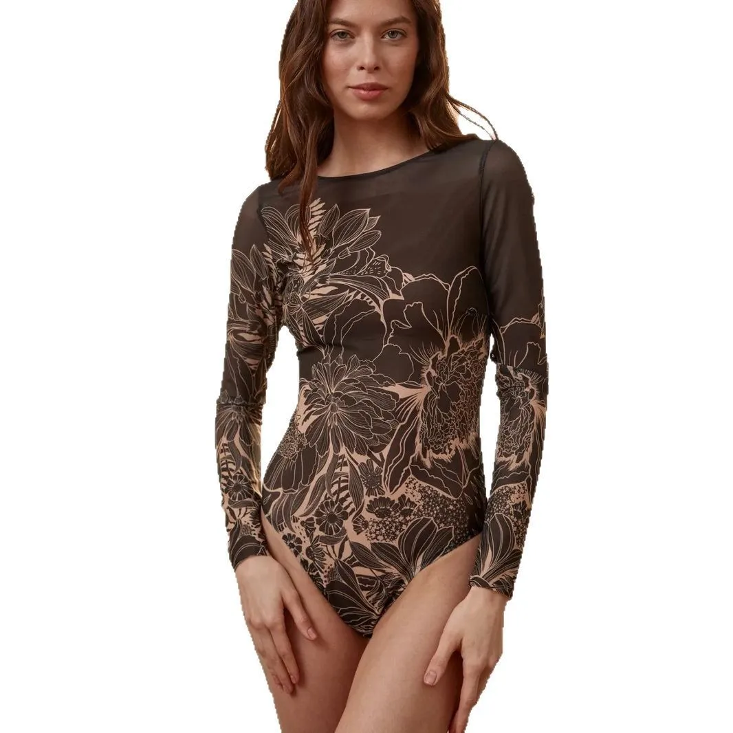 Long Sleeve Swimsuit Printed Sheer Mesh Swimwear Geometric Print Tribal Pattern Bathing Suit Red Orange High Neck Bodysuit