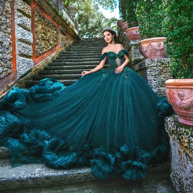 Glittered Blackish Green Quinceanera Dresses Beads Appliques Princess Birthday Party Tull Vestidos 15 De Anos customized