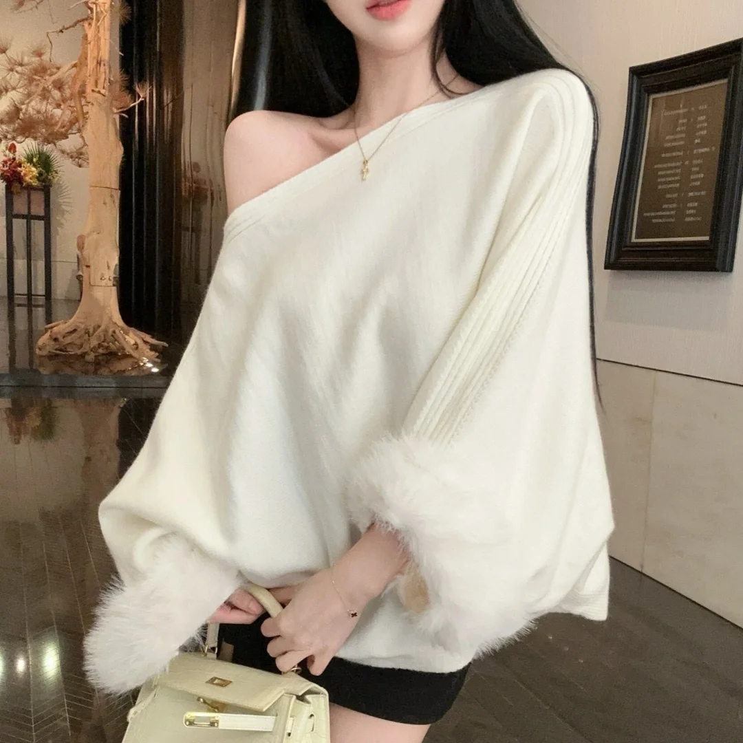 Sexy Knitted Shoulder Bared Velvet Sleeve Loose Slim Fit Asymmetrical Pullover  Color Sweater Top French Style Loose Fit