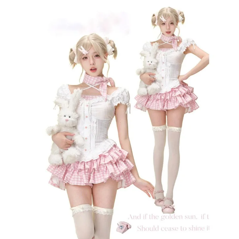 

Sweet Girl White Top Y2k Blouse Pink Checkered Cake Skirts Womens Two Peice Sets Short Dress Casual Japanese Kawaii